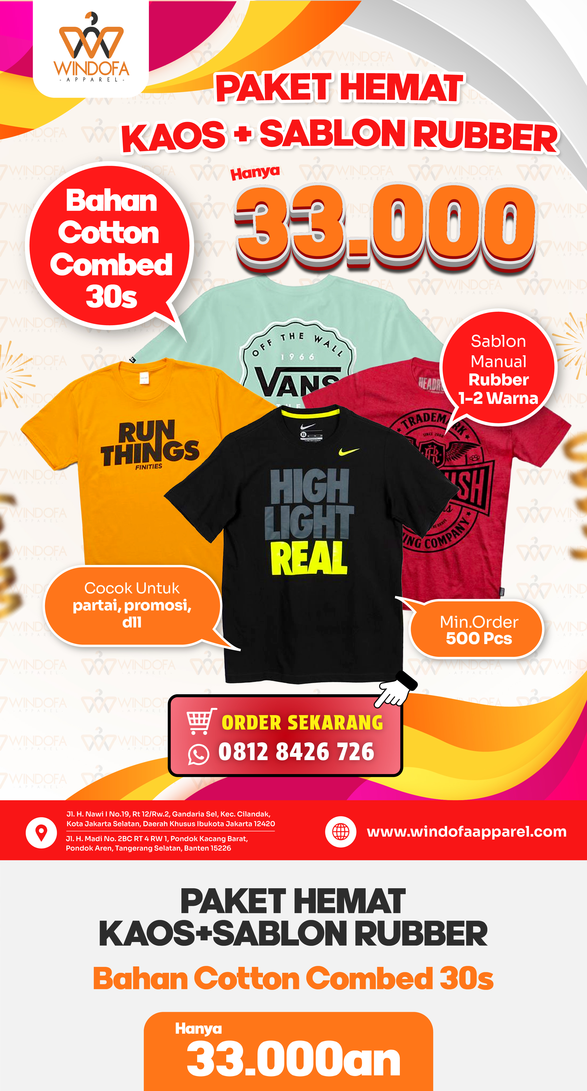 Jasa Sablon Rubber + Kaos Promosi Katun Combed Premium 30s Murah