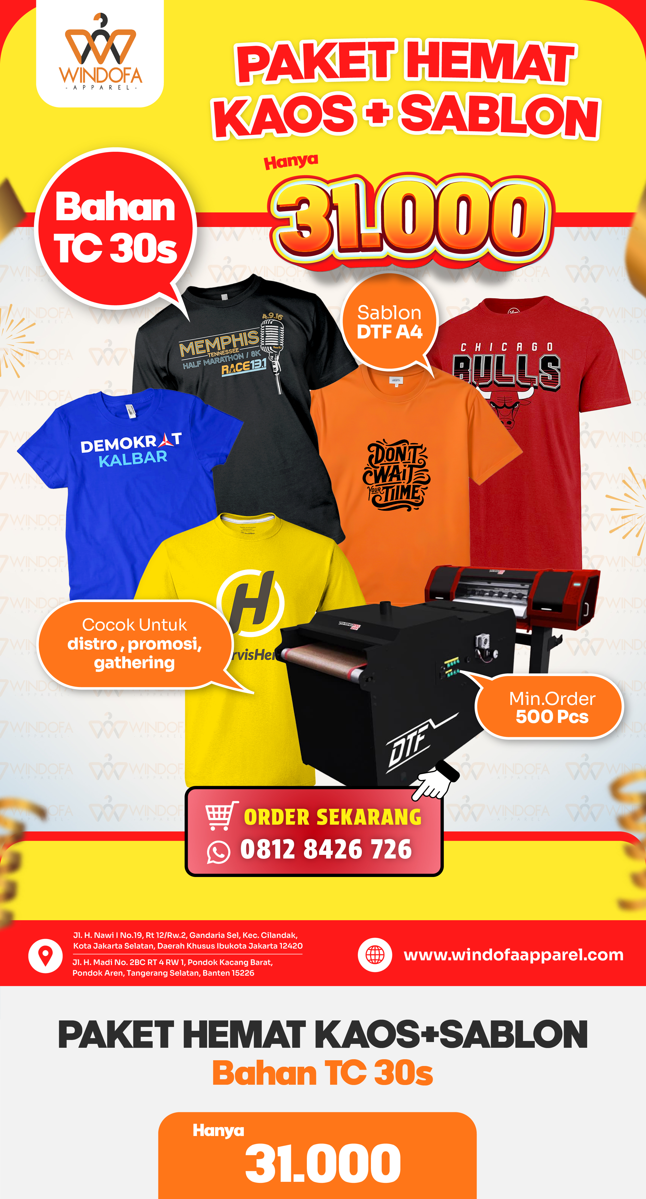 Jasa Sablon + Kaos Promosi TC Premium 30s Murah