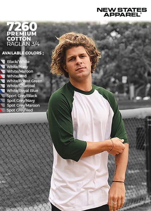 Kaos Polos NEW STATES APPAREL 7260 Premium Cotton Raglan 3/4